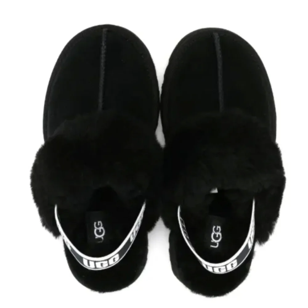 UGG Funkette Black Fluffy Shearling Slippers Big Kids Size 5 NWOT MSRP $120